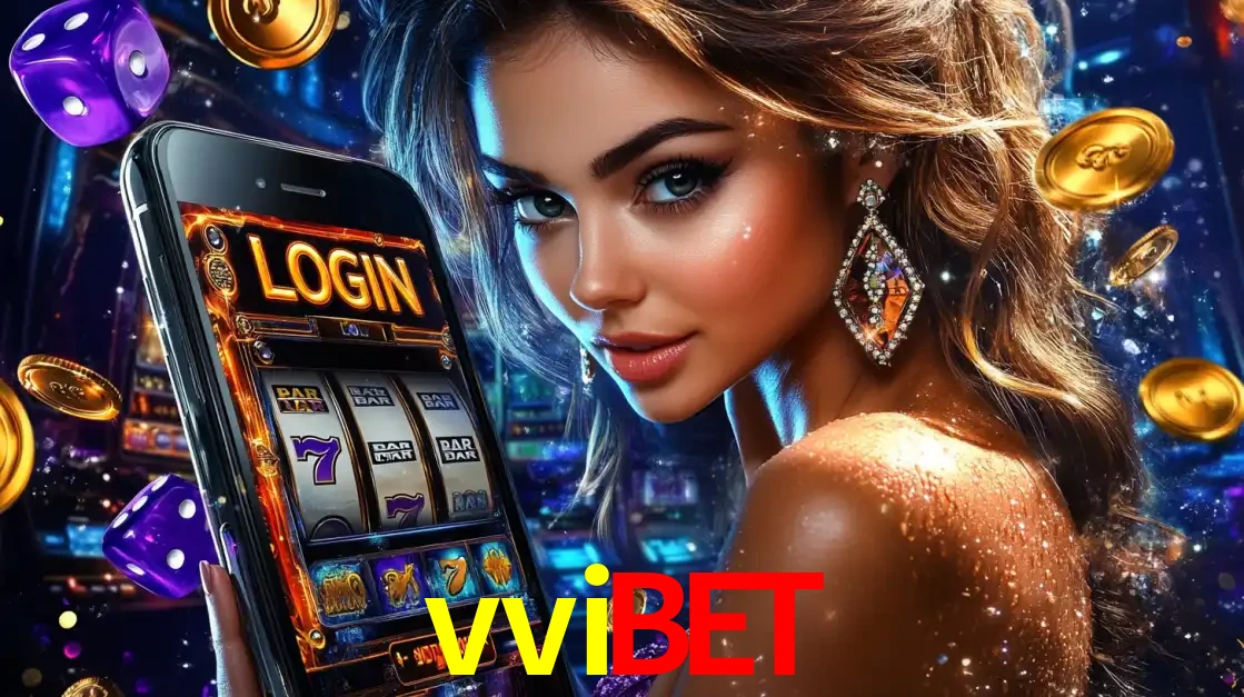 Mulher glamorosa segurando um smartphone com a tela de login para os jogos de caça-níqueis do cassino online vvibet, com moedas de ouro e dados ao redor.