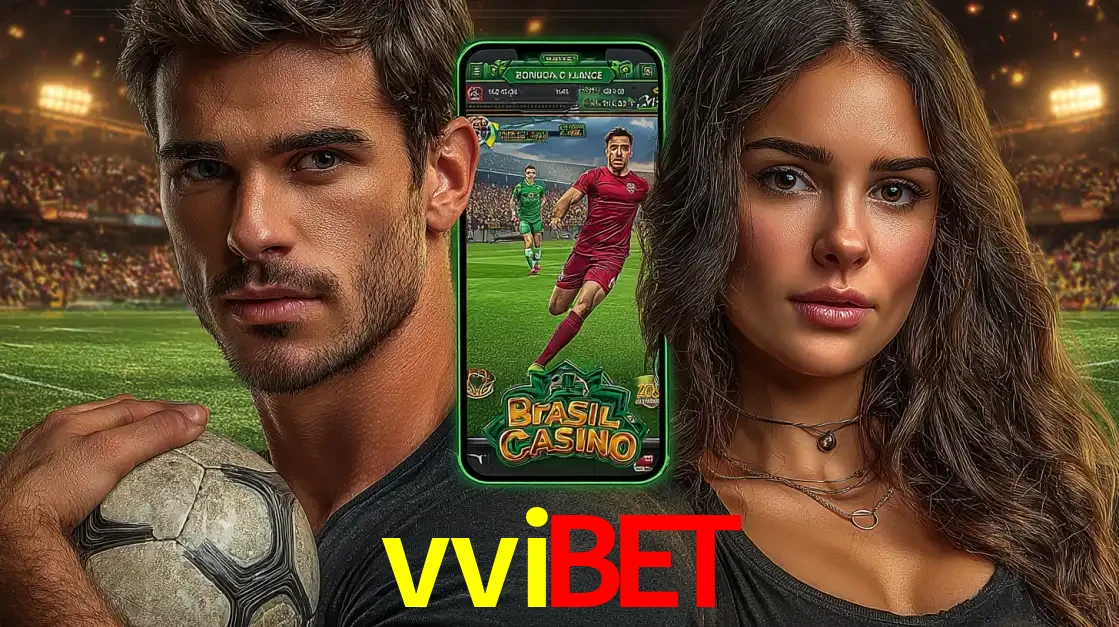 Homem segurando uma bola de futebol e uma mulher ao lado de um smartphone exibindo o jogo de apostas esportivas da vvibet. Faça seu palpite no cassino online.